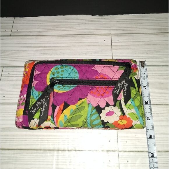 Vera Bradley Euro Wallet Tri-Fold Black with Colorful Flowers Retro Floral - Picture 8 of 9